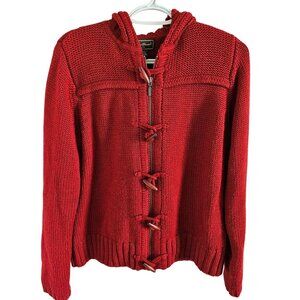 Eddie Bauer Woman SZ L Chunky Wool Blend Knit Hooded Sweater Zip & Toggle Nature